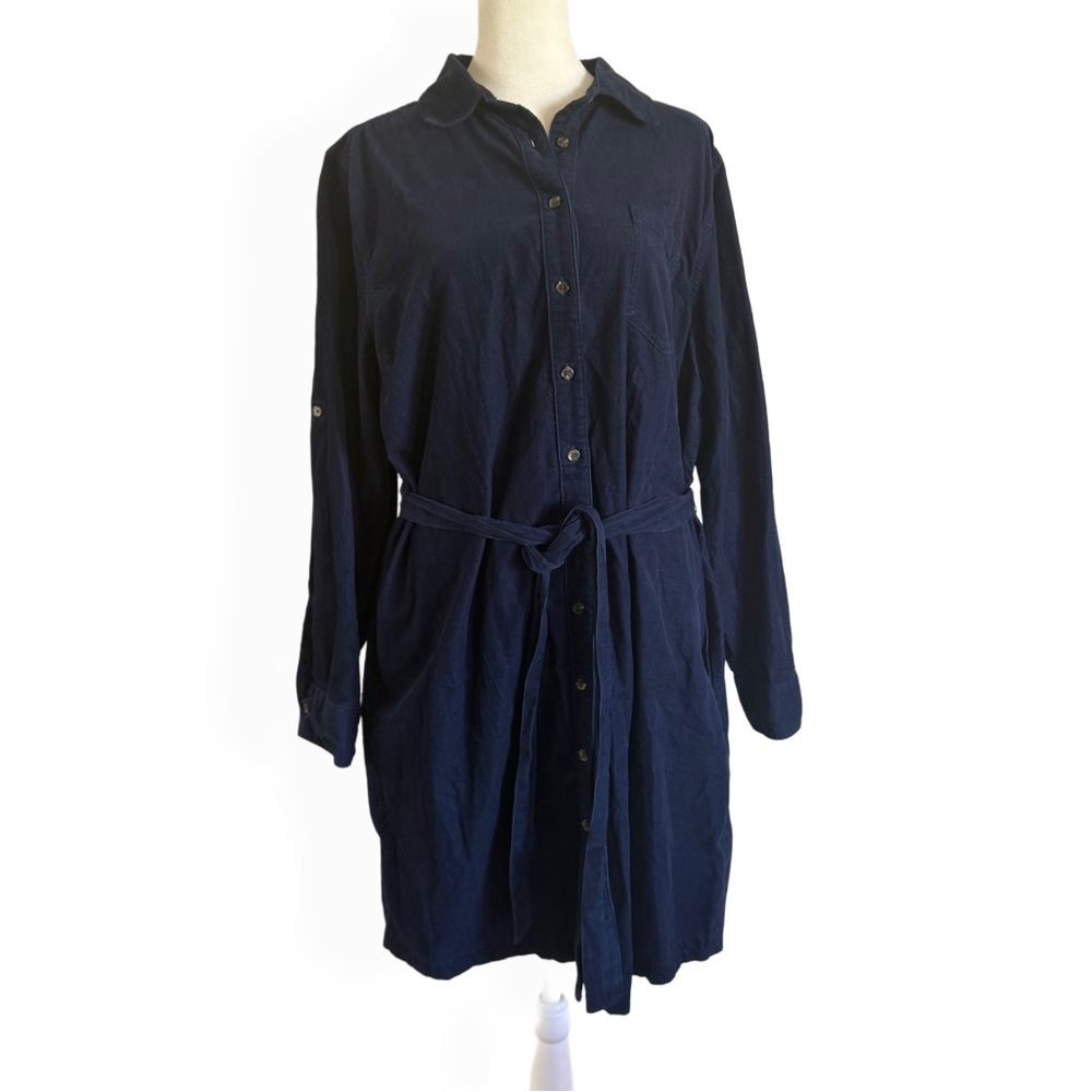 Lands End Corduroy Women’s Navy Blue long sleeve Shirt Dress With Belt Size L